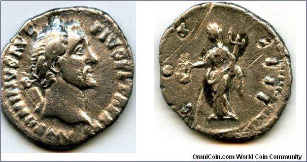 Antoninus Pius  138 - 161 AD
Silver Denarius. 
Obv ANTONINVS AVG PIVS P P TR P XV, laureate head right / COS IIII, 
Rev VESTA standing left, holding simpulum and palladium. 
17-19 mm., 3,30 g.