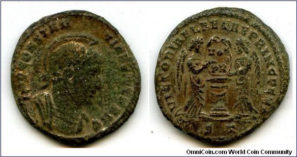 Constantine I  307 - 337 A.D.
Silverd AE Follis. 318-9 AD. 
Obv IMP CONSTAN-TINVS MAX AVG, helmeted bust right / VICTORIAE LAETAE PRINC PERP 
Rev Two Victories facing one another, holding shield inscribed VOT/PR on altar, ST in ex. 
15-16mm
Ticinum Mint Second officina