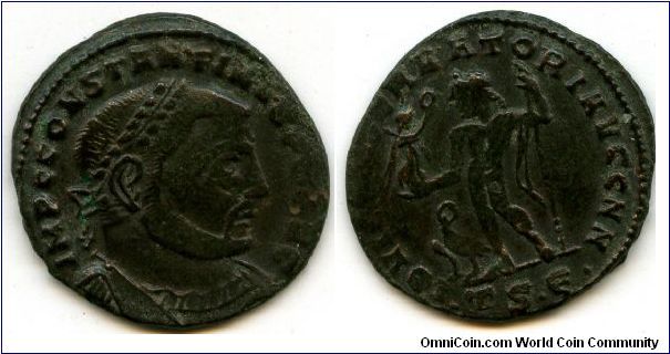 Constantine I 307 - 337 A.D.
Follis 312-313AD
Obv Laureate, draped and cuirassed bust right. IMP C CONSTANTINVS P F AVG 
Rev Jupiter standing facing, head left, tall sceptre in left hand, in right hand Victory on a globe holding up a wreath. At feet to left, an eagle holding a wreath. IOVI CONSERVATORI AVGG NN 
Exergue: dot TS dot Epsilon dot.
22 - 23mm, 3.92g.  
Thessalonica Mint Officina 5
