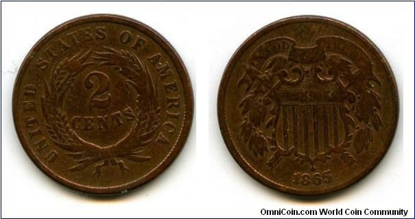 1865
2 cents
Value in wreath
Shield