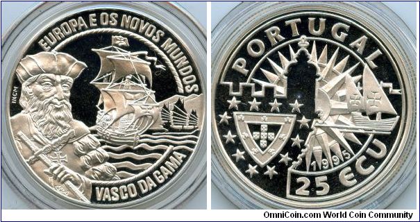 25 Ecu Silver
Vasco Da Gamma, european sailing ship & Junk
Coat of Arms