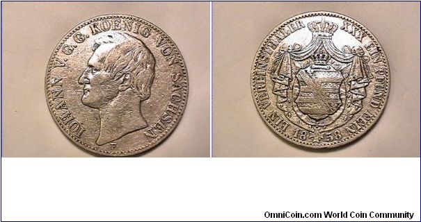 German State- Saxony
IOHANN V.G.G. KOENIG VON SACHSEN
EIN VEREINSTHALER XXX EIN PFUND FEIN
on rim GOTT SEGNE SACHSEN
low mintage 200,000 1858-F
.900 silver