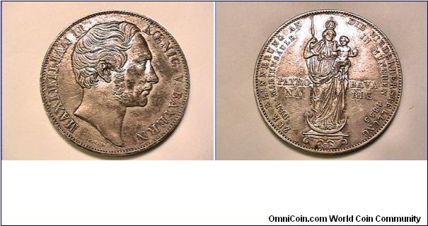 German State Bavaria,
MAXIMILIAN II KOENIG V. BAYERN
Restoration of the Madonna Column in Munich
2 Gulden. .900 silver. on rim ZWEY GULDEN