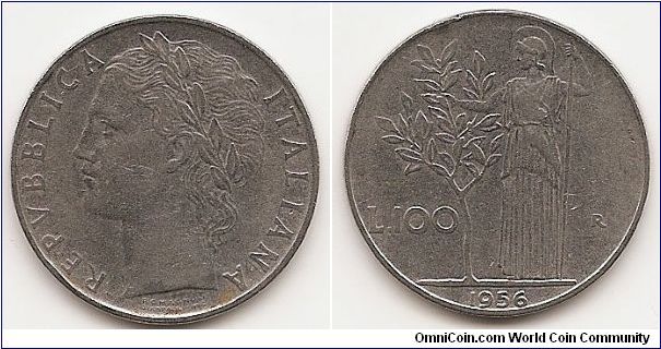 100 Lire
KM#96.1
8.0000 g., Stainless Steel, 27.8 mm. Obv: Laureate head left
Rev: Standing figure holding olive tree