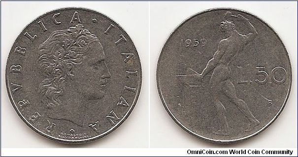 50 Lire
KM#95.1
6.2500 g., Stainless Steel, 24.8 mm. Obv: Head right Rev:
Vulcan standing at anvil facing left divides date and value