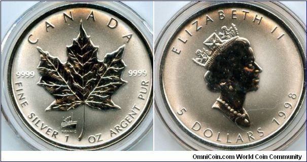 $5 1oz Silver
Maple Leaf
Titanic Privy Mark
QEII