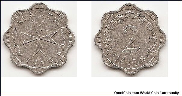 2 Mils
KM#5
0.9500 g., Aluminum, 20.3 mm. Obv: Maltese cross Rev: Value
within 3/4 wreath