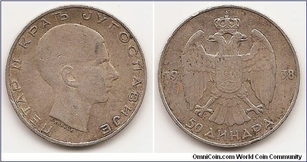 50 Dinara KINGDOM OF YUGOSLAVIA
KM#24
15.0000 g., 0.7500 Silver 0.3617 oz. ASW, 31 mm. Ruler: Petar II
Obv: Head right Rev: Crowned double eagle with shield on breast