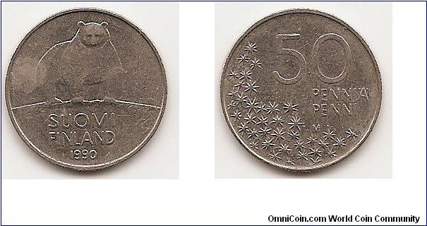 50 Pennia
KM#66
3.3000 g., Copper-Nickel, 19.7 mm. Obv: Polar bear, date below
Rev: Denomination above flower heads