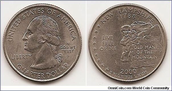 Quarter
50 State Quarters
NEW HAMPSHIRE
KM#308
COPPER-NICKEL CLAD COPPER 24.3 mm. 5.6700 g.