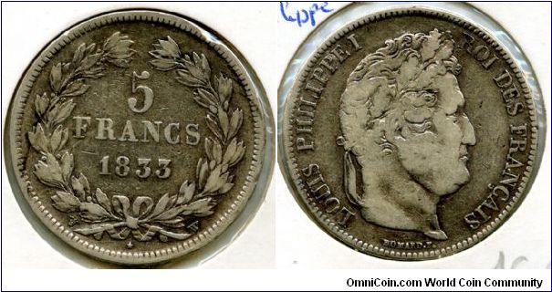 1833w 5F
King Louise Philippe I 1830 1848
W = Lille Mint mark