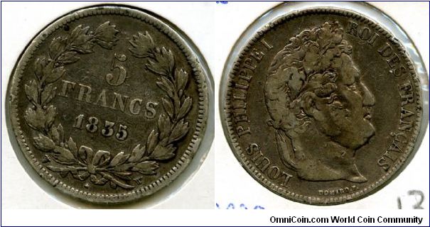 1835w 5F
King Louise Philippe I 1830 1848
W = Lille Mint mark