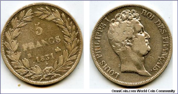 1831B  5F
King Louise Philippe I 1830 1848
B = Rouen Mint mark
Unsure of the privy Mark