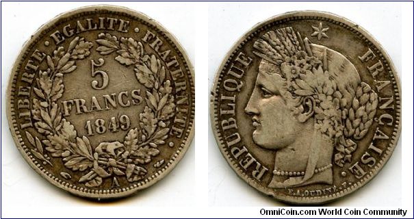 1849A 5F
Second Republic 1848 1852
Head of Liberty
A = Paris Mint mark
Hand Privy Mark