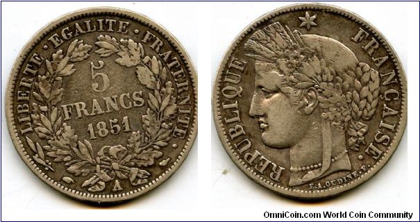 1851A 5F
Second Republic 1848 1852
Head of Liberty
A = Paris Mint mark
Hand Privy Mark