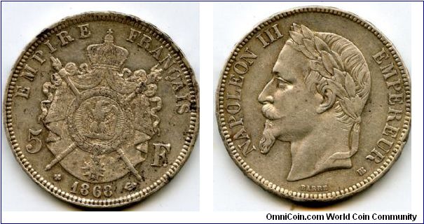 1868BB 5F
Napoleon III 1852 1870
BB = Strasbourg Mint mark
Hand Privy Mark also has a Hand Privy Mark!