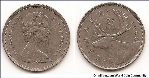 25 Cents
KM#62b
5.0600 g. Comp.: Nickel Ruler: Elizabeth II Obv.: Young
bust right Rev.: Caribou left, denomination above, date at right Size: 23.8 mm.