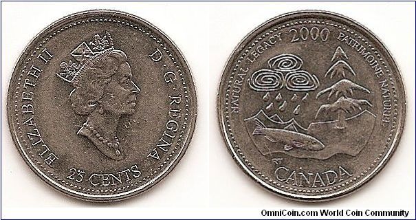 25 Cents
KM#382
Nickel Ruler: Elizabeth II Subject: Natural legacy Obv.:
Crowned head right, denomination below Rev.: Environmental elements, date above Rev. Des.:
Randy Trantau Size: 23.8 mm.