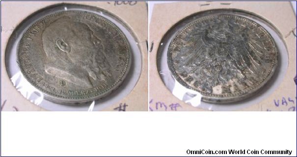 1911 D Bavaria, German State, KM# 517, 3 Drei Mark, Mintage 640,000.
16.6670g., .900 Silver .4823 oz. ASW
Ruler: Otto Prince Regent Luitpold.
Subject: 90th Birhtday of Prince Regent Luitpold.