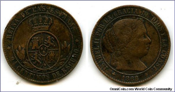 1868om
2 1/2 Centimos De Escudo
2nd Decimal Coinage
Isabel II 1833-1868
Mint Mrk 4 pointed star = Jubia
Minted by Oeschger Mesdach & Co