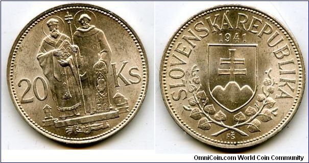 1941 
20 Ks  Silver
Saint Cyril and Methodius  & Coat of Arms