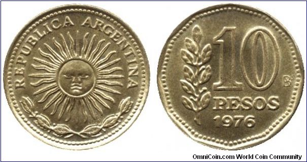 Argentina, 10 pesos, 1976, Al-Bronze, Sun.                                                                                                                                                                                                                                                                                                                                                                                                                                                                          
