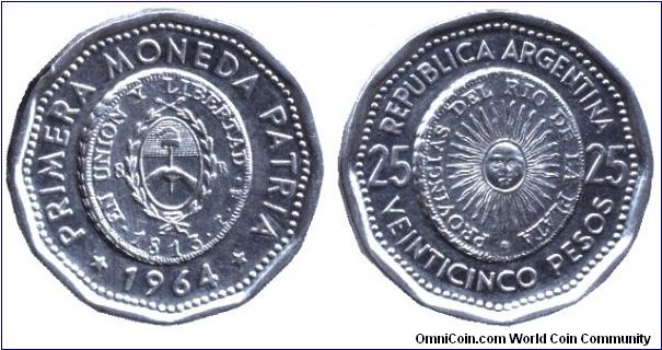 Argentina, 25 pesos, 1964, Ni-Steel, unusual shape, Provincias del Rio de la Plata, Primera Moneda Patria, 1st issue of National Coinage 1813.                                                                                                                                                                                                                                                                                                                                                                      