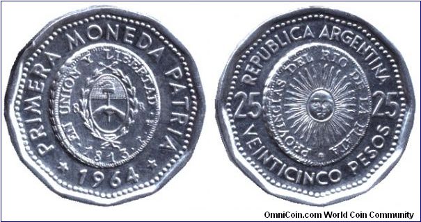 Argentina, 25 pesos, 1964, Ni-Steel, unusual shape, Provincias del Rio de la Plata, Primera Moneda Patria, 1st issue of National Coinage 1813.                                                                                                                                                                                                                                                                                                                                                                      
