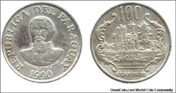 Paraguay, 100 guaranies, 1990, Cu-Ni-Zn, Ruinas de Humaita 1865/70, General Jose E. Diaz, thick issue.                                                                                                                                                                                                                                                                                                                                                                                                              