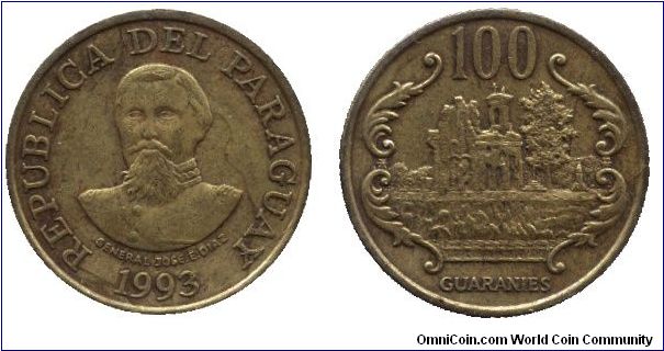Paraguay, 100 guaranies, 1993, Brass-Steel, Ruinas de Humaita 1865/70, General Jose E. Diaz, thin issue.                                                                                                                                                                                                                                                                                                                                                                                                            
