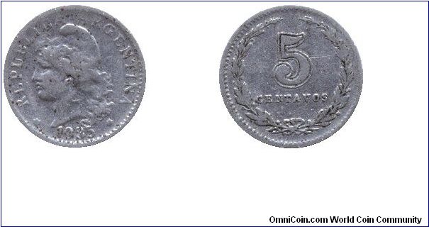 Argentina, 5 centavos, 1935, Cu-Ni, woman's head.                                                                                                                                                                                                                                                                                                                                                                                                                                                                   