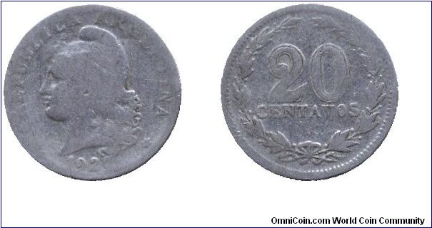 Argentina, 20 centavos, 1927, Cu-Ni, Woman's head.                                                                                                                                                                                                                                                                                                                                                                                                                                                                  