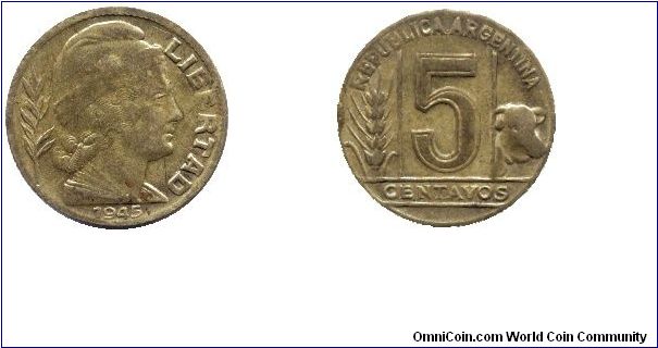 Argentina, 5 centavos, 1945, Al-Bronze, Woman's head, wheat+cow.                                                                                                                                                                                                                                                                                                                                                                                                                                                    