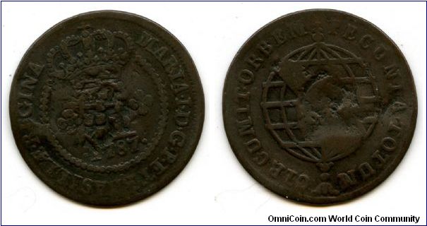 1787
? Reis countermarked later with a shield to double the value of the coin (1809)
Crown above value & date
Globe
Peter III the pitiful 1777-1786 joint reign with Maira I 1777-1816