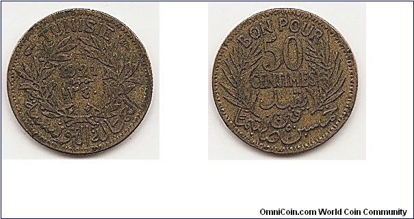 50 Centimes, AH1340
KM#246
1.9500 g., Aluminum-Bronze, 18 mm. Obv: Date within wreath
Rev: Value within wreath Rev. Insc.: BON POUR (Good For) 50
CENTIMES