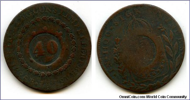 1826
40 on 80 Reis
Crown above value & date
Globe
Dom Pedro I
Mint Mrk R = Rio De Janero