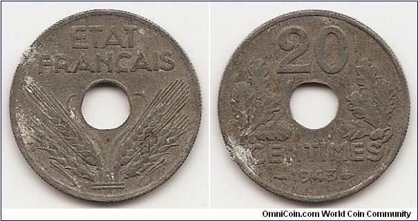 20 Centimes
KM#900.1
3.5000 g., Zinc Obv: Grain sprigs flank center hole Rev: Center
hole divides denomination, oak leaves flank, date below Note:
Thick flan.