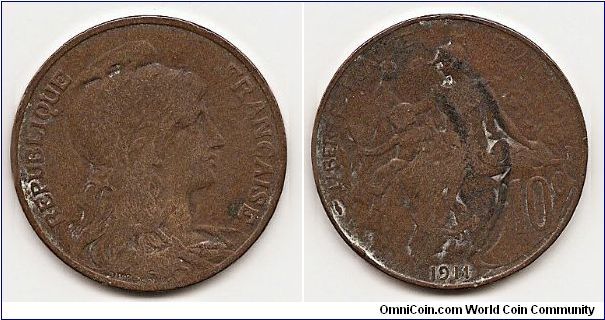 10 Centimes
KM#843
10.0000 g., Bronze, 30 mm. Obv: Liberty head right Rev:
Republic protecting her child Note: Without mint mark.
