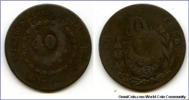 1829R
40 on 80 Reis
Value in Wreath
Globe
Dom Pedro I
Mint Mrk R = Rio De Janero