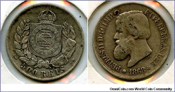 1868
500 Reis Silver 
Crown above globe set in wreath
Pedro II