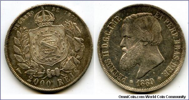 1889
2000 Reis Silver
Crown above globe set in wreath 'Decreto De 1870'
Pedro II