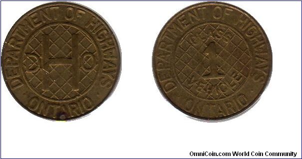 Undated Ontario Department of Highways token (used as a toll token on the Garden City and Burlington Skyways until 1973 when the tolls were lifted.