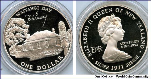 1977 
$1 Silver 
Waitangi Day
QEII Silver Jubilee Issue