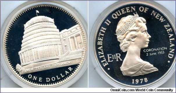1978
$1 Silver  
New Zeland Parliament Building
QEII Silver Jubilee Issue