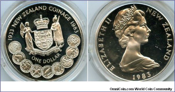 1983 
$1 Silver 
50th Anniv NZ Coinage 
QEII
