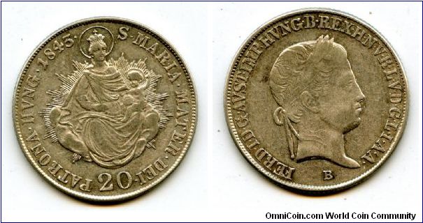 Hungary as part of the Austro Hungarian Empire
1843
20 Krajczar
Nimbate Madonna and child above denomination
Ferdinad I 1835-1848
Mint Mrk B = Kremnitz in Hungary