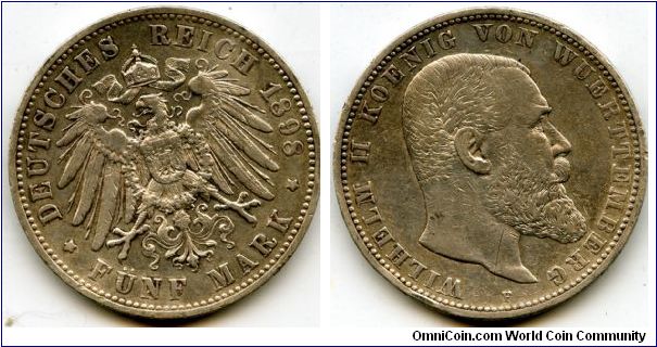 Wurttemburg (Joined German Empire 1871)
1898
5 Marks
Imperial Eagle
Wilhelm II 1891-1918 (Abdicated)
Mint Mrk F = Freudenstadt