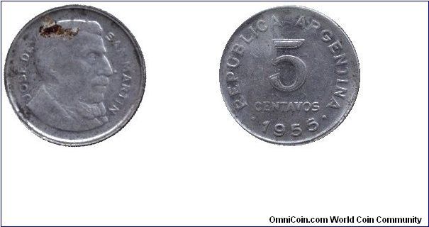 Argentina, 5 centavos, 1955, Cu-Ni-Steel, Jose de San Martin.                                                                                                                                                                                                                                                                                                                                                                                                                                                       