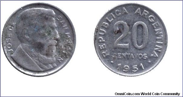 Argentina, 20 centavos, 1951, Cu-Ni, Jose de San Martin.                                                                                                                                                                                                                                                                                                                                                                                                                                                            