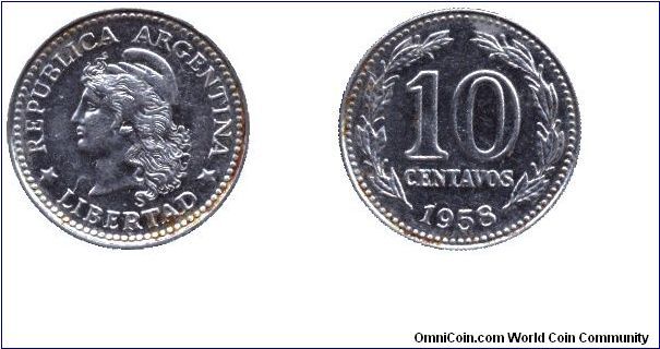 Argentina, 10 centavos, 1958, Ni-Steel, Libertad.                                                                                                                                                                                                                                                                                                                                                                                                                                                                   